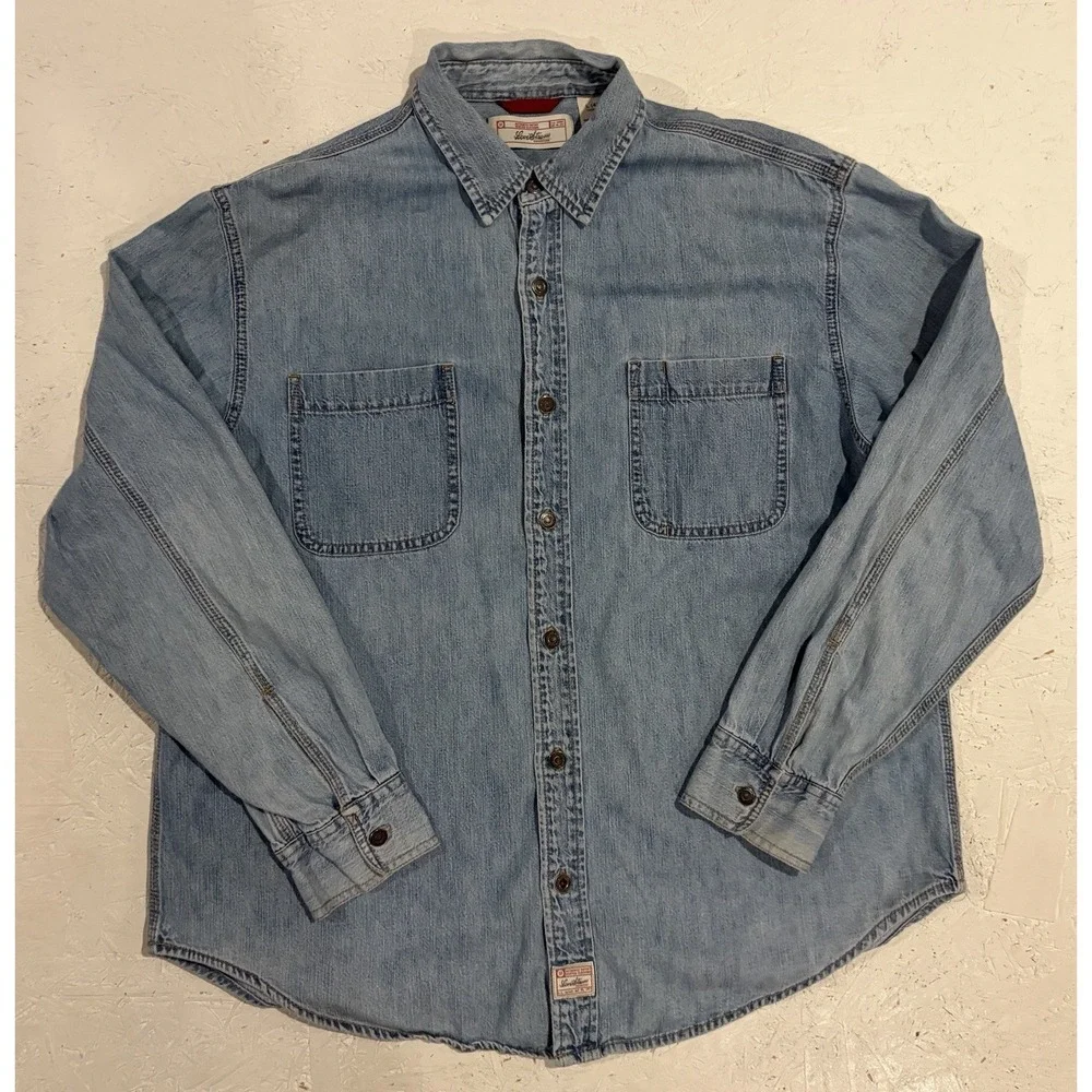 Levi Strauss Shirt Mens Large Blue Denim‎ Distressed Button up Long Sleeve